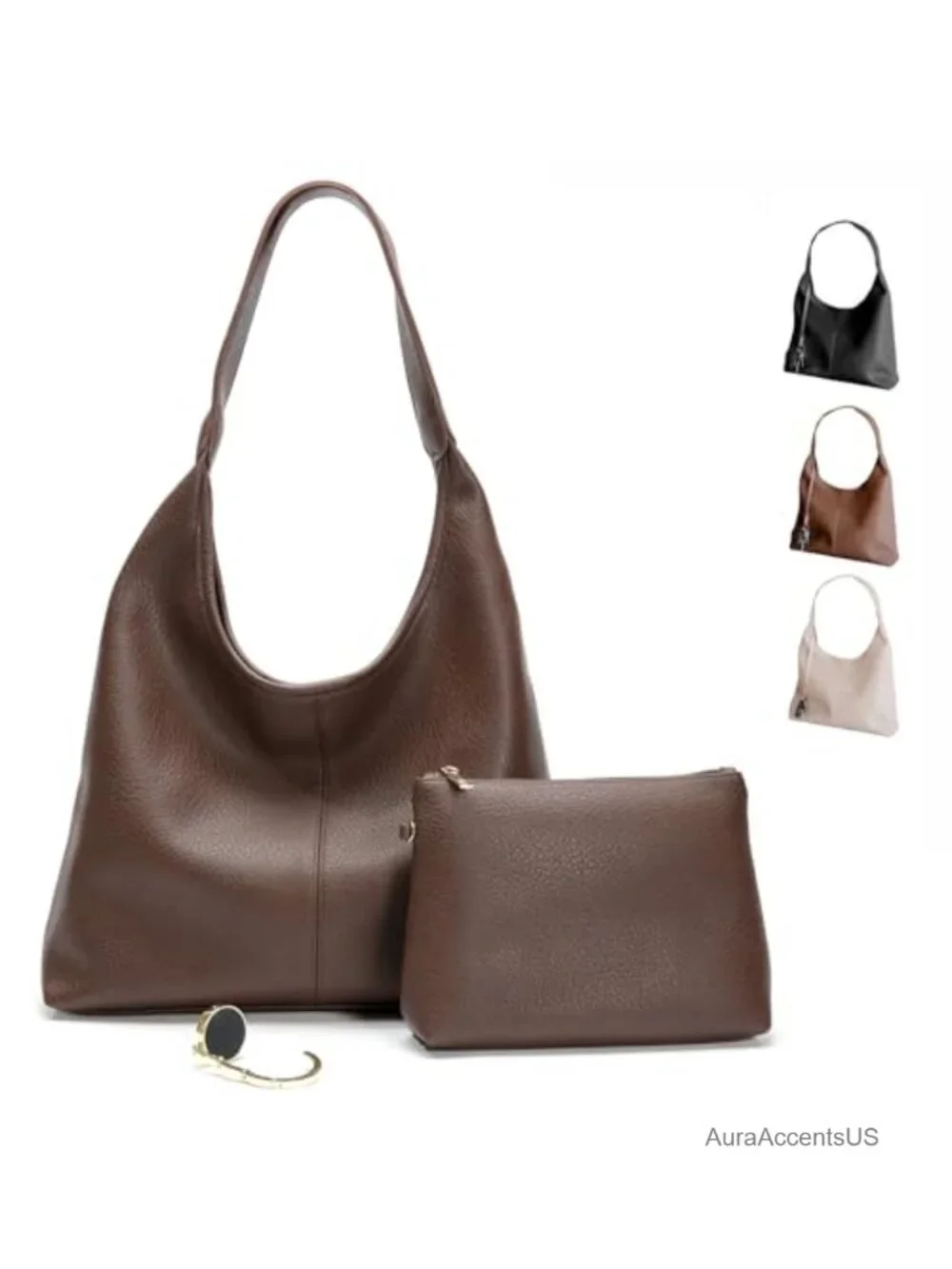 Vegan Leather Slouchy Hobo Bag with Zippered Pockets Shoulder Strap